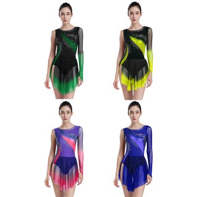 WomensGradient Leotard Dress Long Sleeve Sleeveless Rhinestones Irregular Mesh Hem Figure Skating Ballet Bodysuit