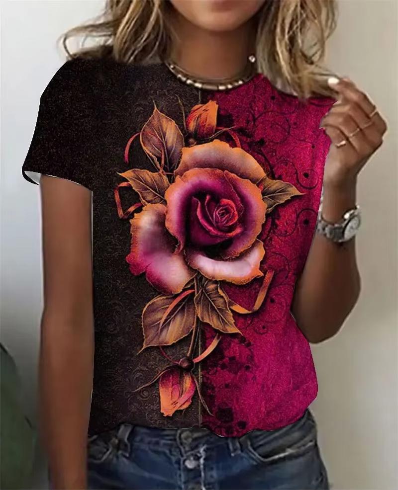 Nuova T-shirt da Donna a Maniche Corte con Stampa 3D Rose Graphix Estiva Casual Y2k Harajuku Girocollo Abbigliamento