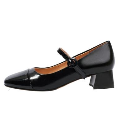 Fashion Short Heels Mary Janes Shoes Women Pumps Genuine Leather Square Toe Black Nude Red Heeled Office Wedding Shoes Female Large Size