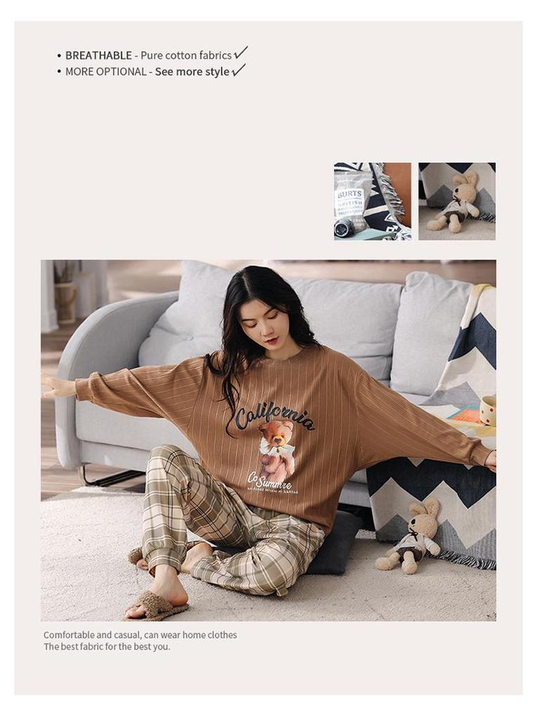 2025 Women's Spring & Autumn Cute Cartoon Cotton Pajamas - Long Sleeve & Pants, Comfortable Pullover for Homewear