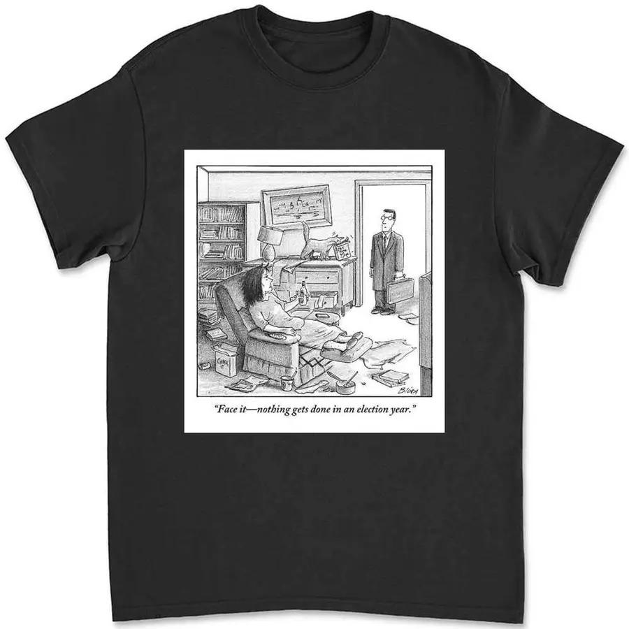 

[ Cartoon TShirt] Black Graphic Featuring Comical Office Scene Face Itnothing Gets Done in an Election Year Print Relaxed F... S разноцветный