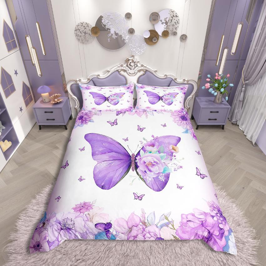 Homewish Kawaii Butterfly Duvet Cover Set,Girls Pink Comforter Cover Set,Fairy Tale Theme Bed Set For Girls Teens