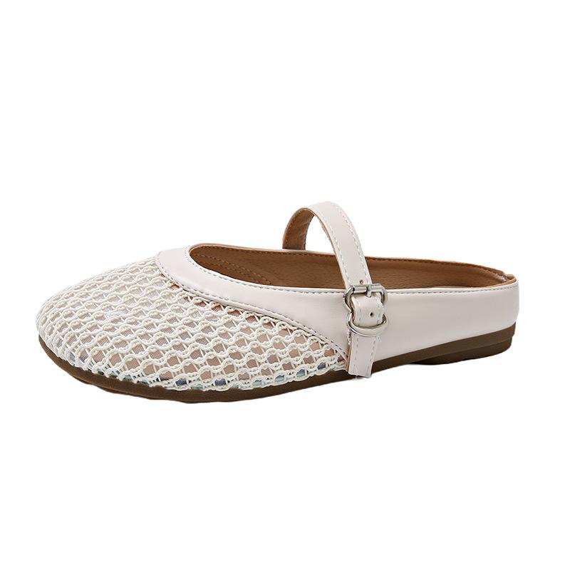 Hollow woven bag head half drag women's shoes summer wear new flat bottom breathable one pedal hole shoes sandals
