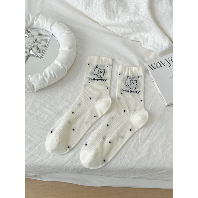 Cartoon Socks, Women's Mid-calf Socks, Trendy Early Autumn, Cute School Style, Bow, Puppy, Striped Long Socks