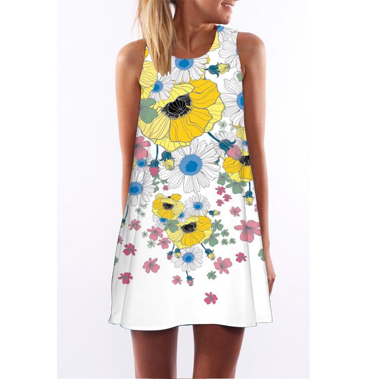 European Station European and American New Retro Digital Printing Round Neck Hot-selling Off-the-shoulder Medium and Long Vest Dress