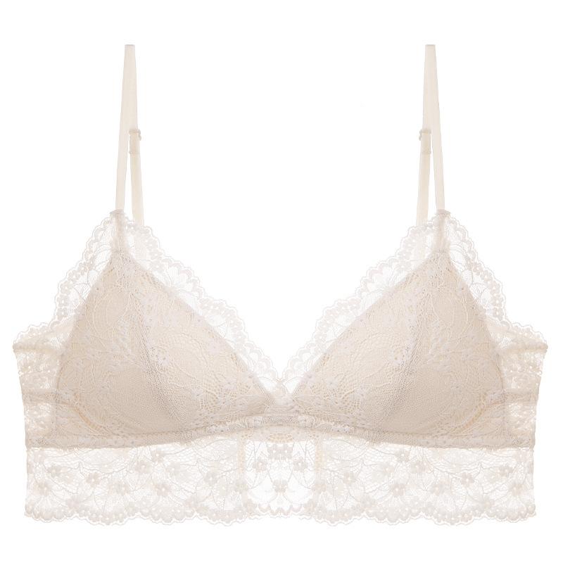 

French rimless bra, thin thin shoulder strap, triangular cup, lace underwear, big chest and small sexy back underwear. S абрикосовий