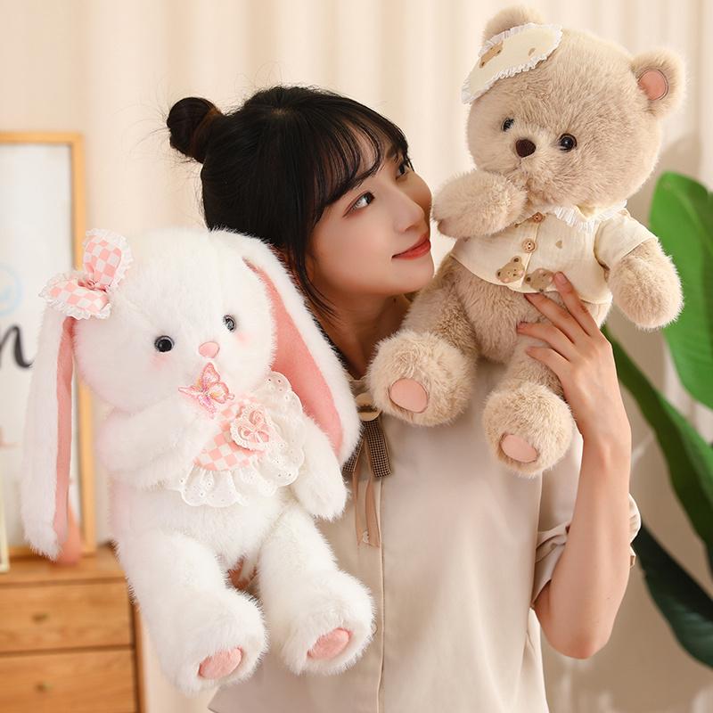 Flauschiges Plüsch Weißer Teddy Braunbär Weißes Baby Kaninchen Fuchs mit Lätzchen Kleid Niedlich Lecker Kuscheltiere Kuschel Umarmungs Spielzeug