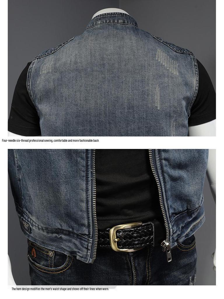 Herren Plus Size schulterfreier Denim-Motorradweste mit Stehkragen