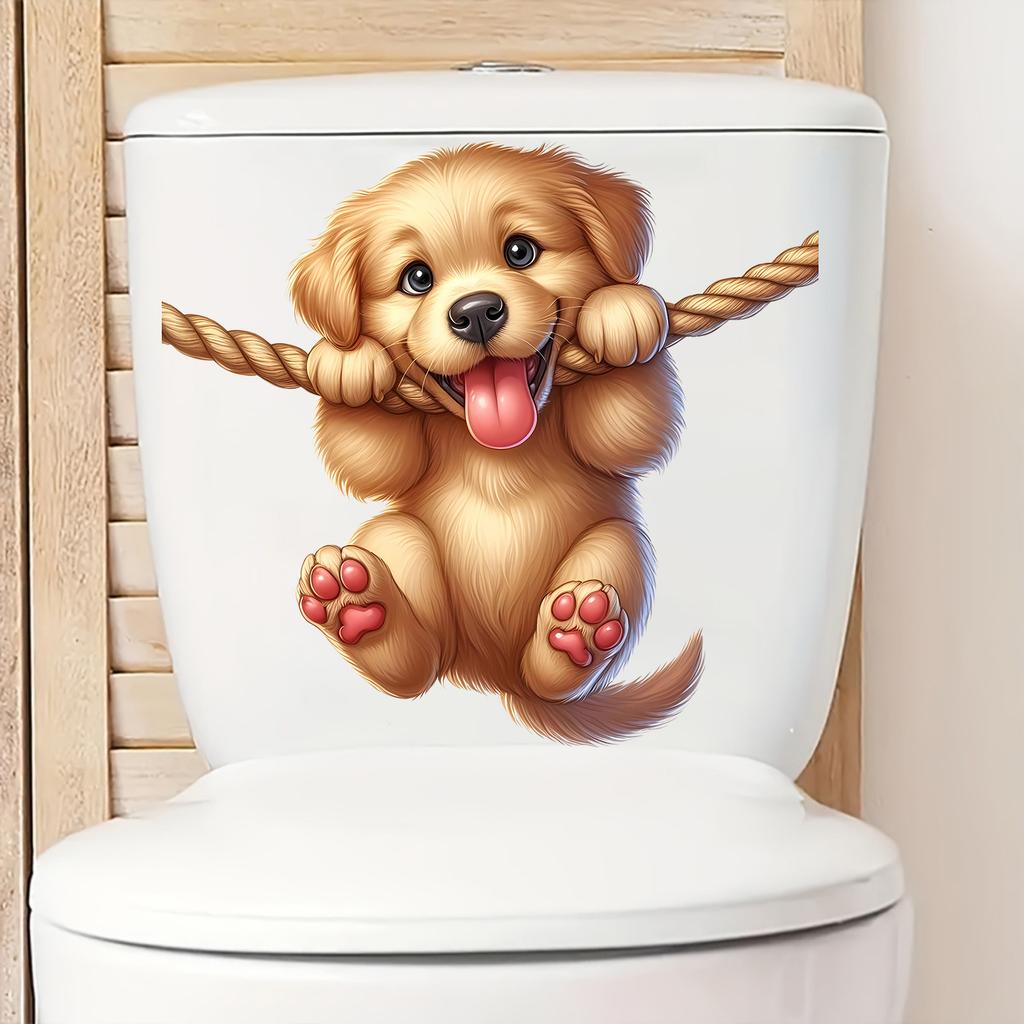 Playful Cartoon Puppy with Rope Toilet & Wall Sticker Self-Adhesive Removable for Bedroom Living Room Study Home Decor
