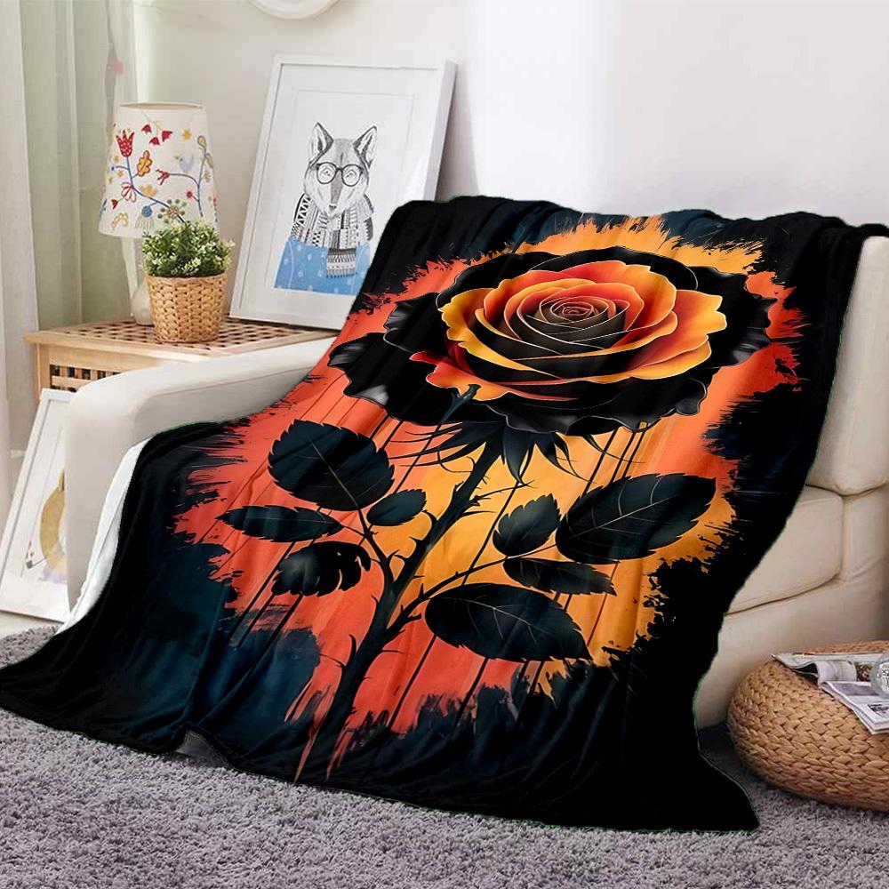 1pc Black Rose Print Blanket   Lightweight Flannel Throw Blanket For Sofa, Bed, Living Room, Office, Outdoor Travel, Camping