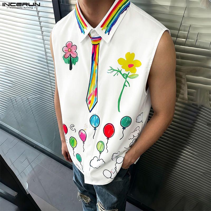INCERUN Mens Casual Sleeveless Shirt Lapel Collar Button Down Funny Cartoon Graffiti Print Holiday Tank Tops
