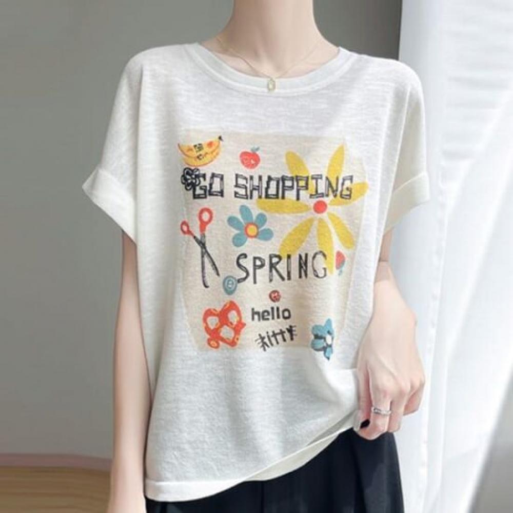Navava Women Flower Print Short Sleeve Knit Tee Nk2994