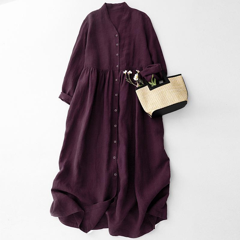 Spring and Autumn Women s Cotton and Linen V-neck Open Door Placket Two-wear Long-sleeved Slimming Dress M