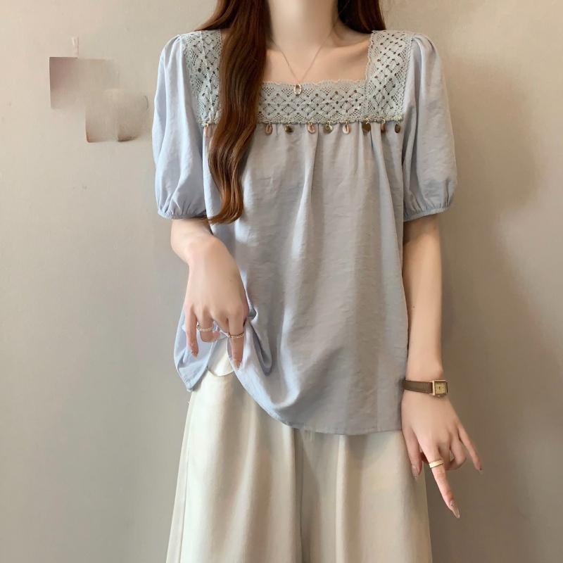 Square Neck Women's Short Sleeved Tees Chic Collar Design Versatile T-shirts Korean Sweet Style Ladies Clothing