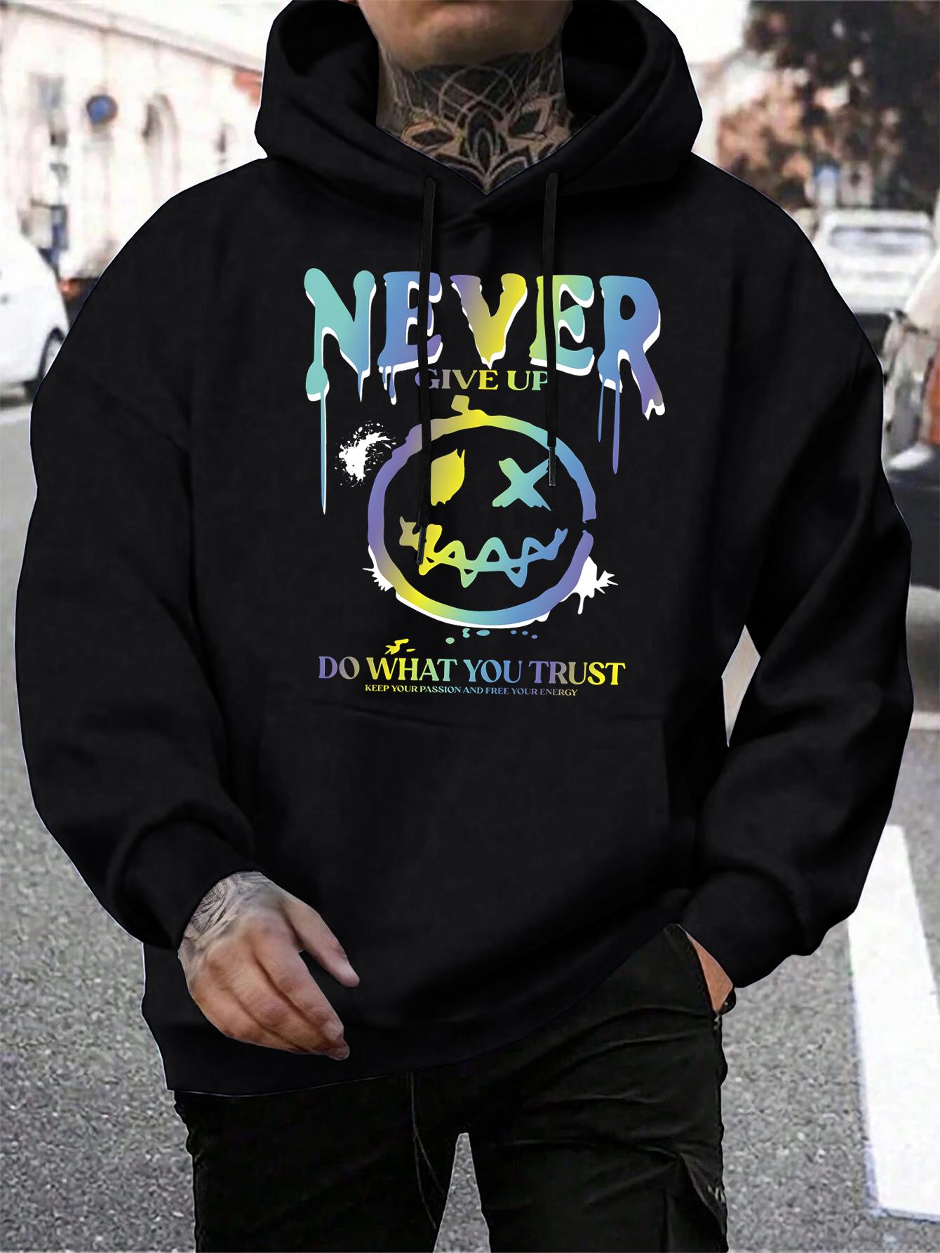 

Never Give Up Gradient Letters Printing Hoodies Mens Casual Comics Clothing Loose Pocket Hoody Autumn Fleece Unisex Streetwear 2XL