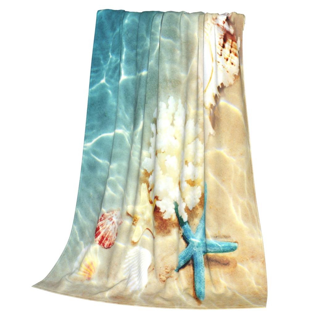 Beach Throw Blanket, Ocean Beach Theme Seashell Travel Blanket for Living Room Sofa Bed Office Soft Cozy Plush Flannel Blanket