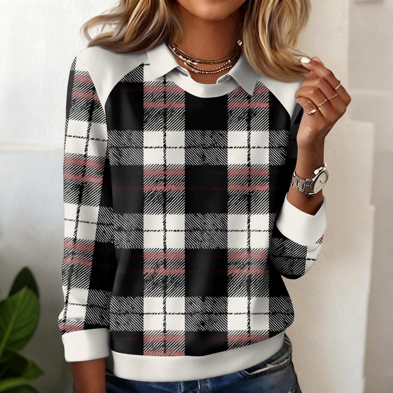 

Ladies Plaid Printed Casual Long Sleeved Sweatshirt Top S чорний
