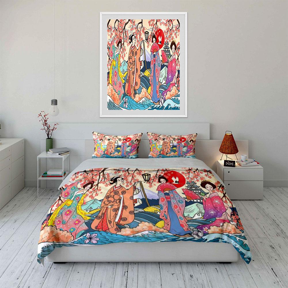 Japanese Ukiyo Geisha Lady Bedding Set,Cherry Blossom Mount Fuji Ocean Wave Kimono Women Print Duvet Cover Set,Oriental Art 3PC