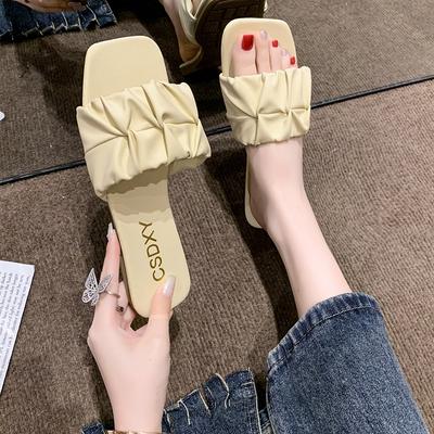 Fashion Summer Slippers For Women Flats 2024 New Pleated Korean Slippers Women Sandals Green Slip On Shoes Big Size 35-42