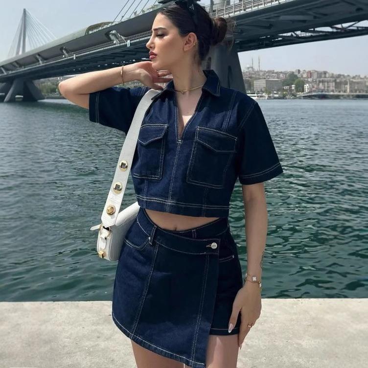 Tooling Denim Suit Skirt Pants Women's Summer V-Neck Short Sleeve Top Spice Girl High Waist Irregular