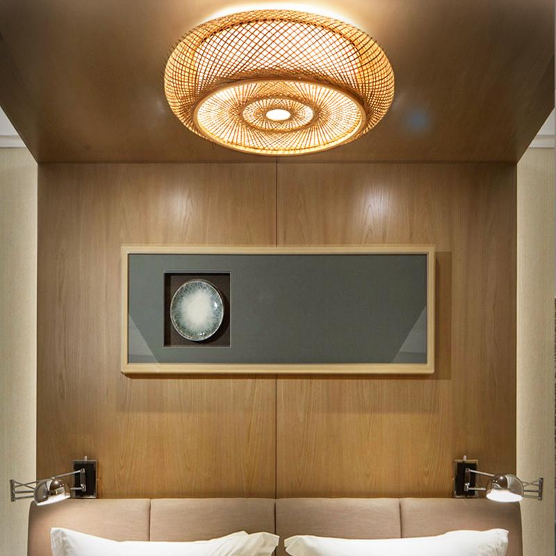 Natural Modern LED Handmade Bamboo Round Ceiling Light Bedroom Living Room Lighting Fixture Bamboo Chandeliers Lamps