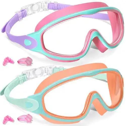 

2 Pack Anti-Fog Anti-UV Swimming Goggles HD Diving Goggles with Earplugs Anti Choking Women Men Large Frame Silicone Swim Ggles