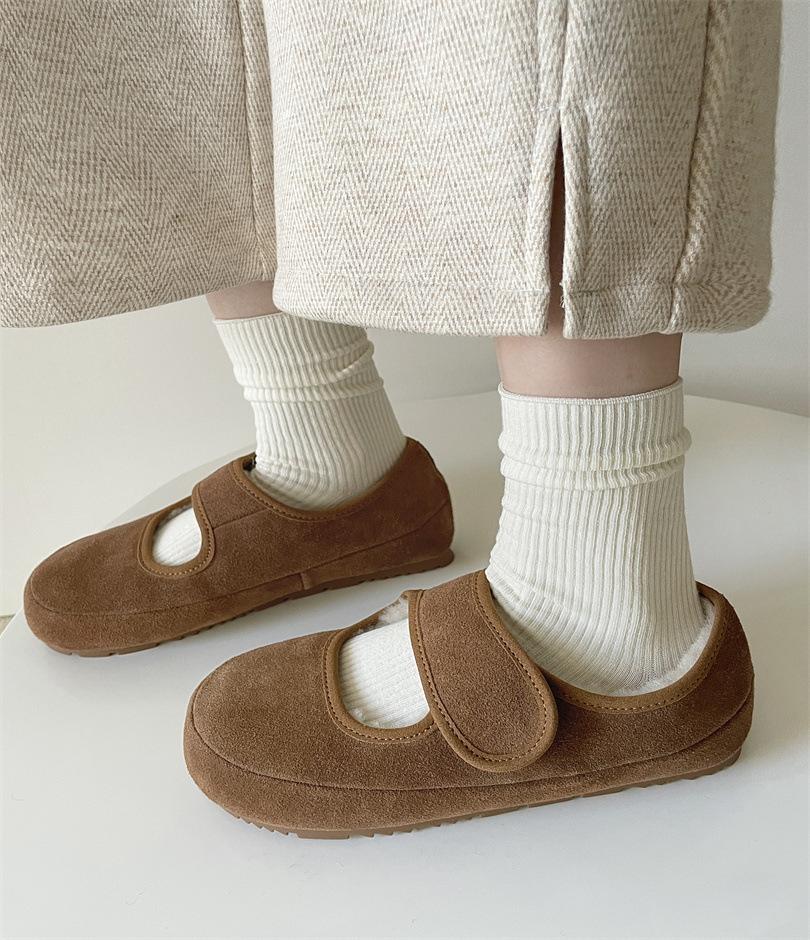 Woolen retro Mori flat-bottomed Mary Jane Woolen single shoes women's 2025 autumn and winter velvet Birkenbeanie shoes