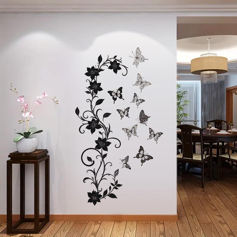 Black Floral Vine Butterfly Wall Sticker Self-Adhesive Removable for Living Room Hallway Bedroom Elegant Home Decor Art
