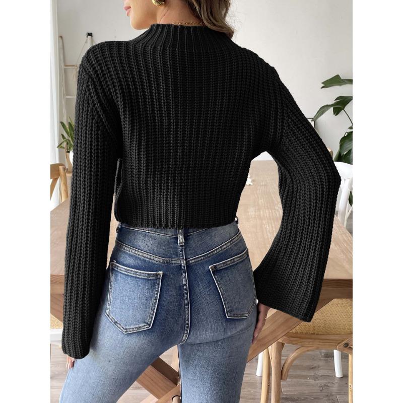 Women S Cropped Mock Neck Flared Sleeve Pullover Sweater