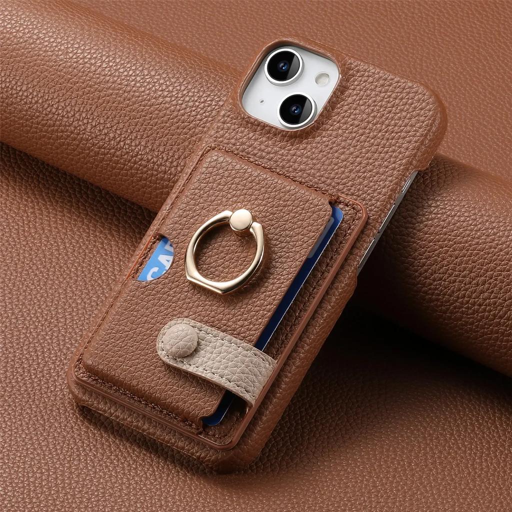 Leather Ring Support Phone Case for IPhone 16E 16 15 14 13 12 11 Pro Max X XR 7 8 Plus Wallet with Card Holder Shockproof Cover