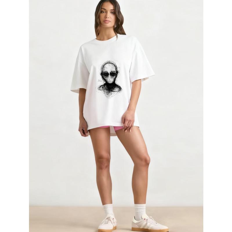 Übergroßes T-Shirt Schwarz Abstrakter Alien-Gesichtsdruck Lässige Streetwear Mode Oberteil für Damen und Herren