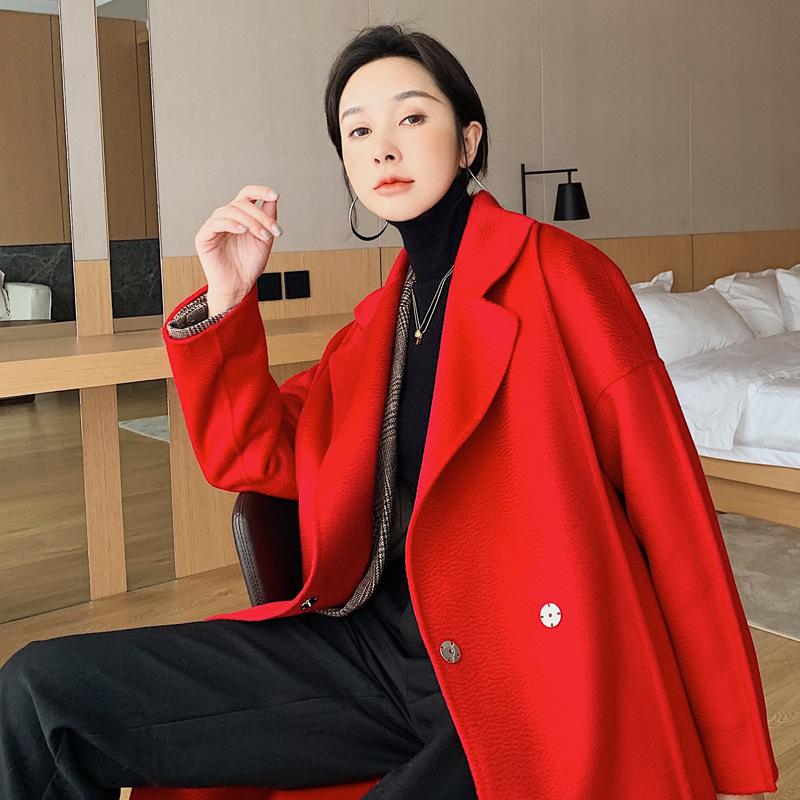 

Свадебное красное пальто осень и зима новое средней длины маленькое 100% двухстороннее шерстяное пальто L