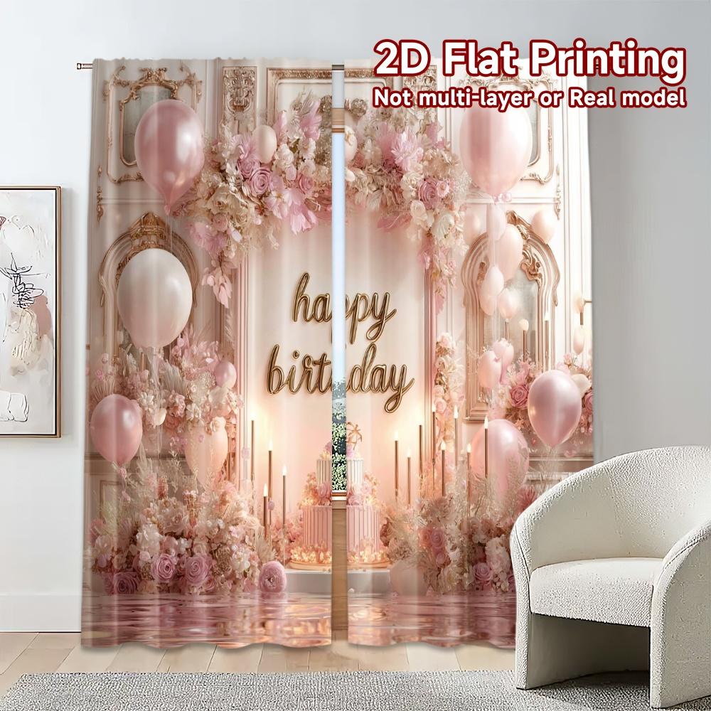 Flat Printing Curtains Without Rod Birthday Bliss Popular Digital Printed Polyester Easy Install Set Of 2 Made