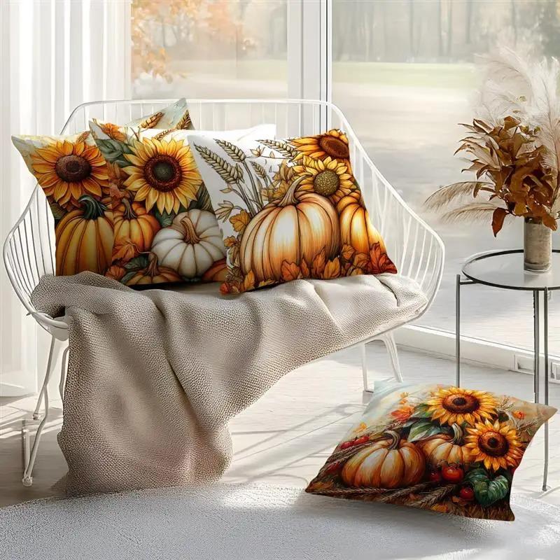 Home Decor Sunflowers & Pumpkins Fall Season Pillow Cover Pattern Cushion Cover Suitable for Sofa Bedroom Car Pillow Cover