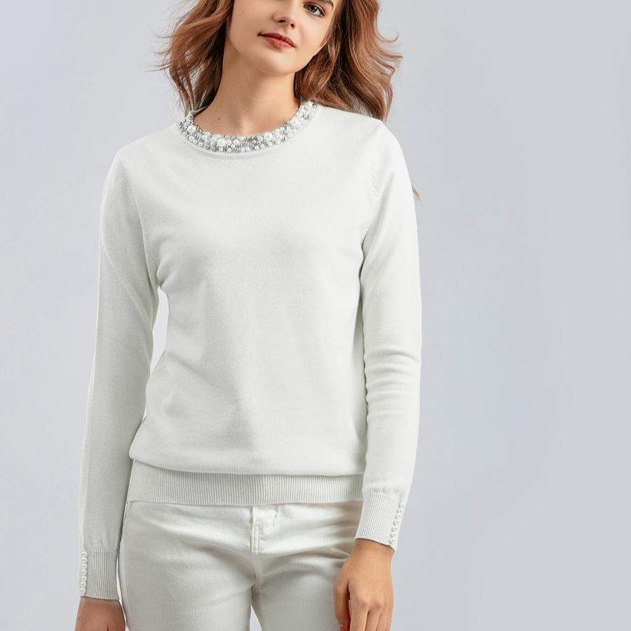 Autumn Winter Women's Crew Neck Beaded Pullover Sweater Long Sleeve Loose Solid Color Stretchy Knit Sweater