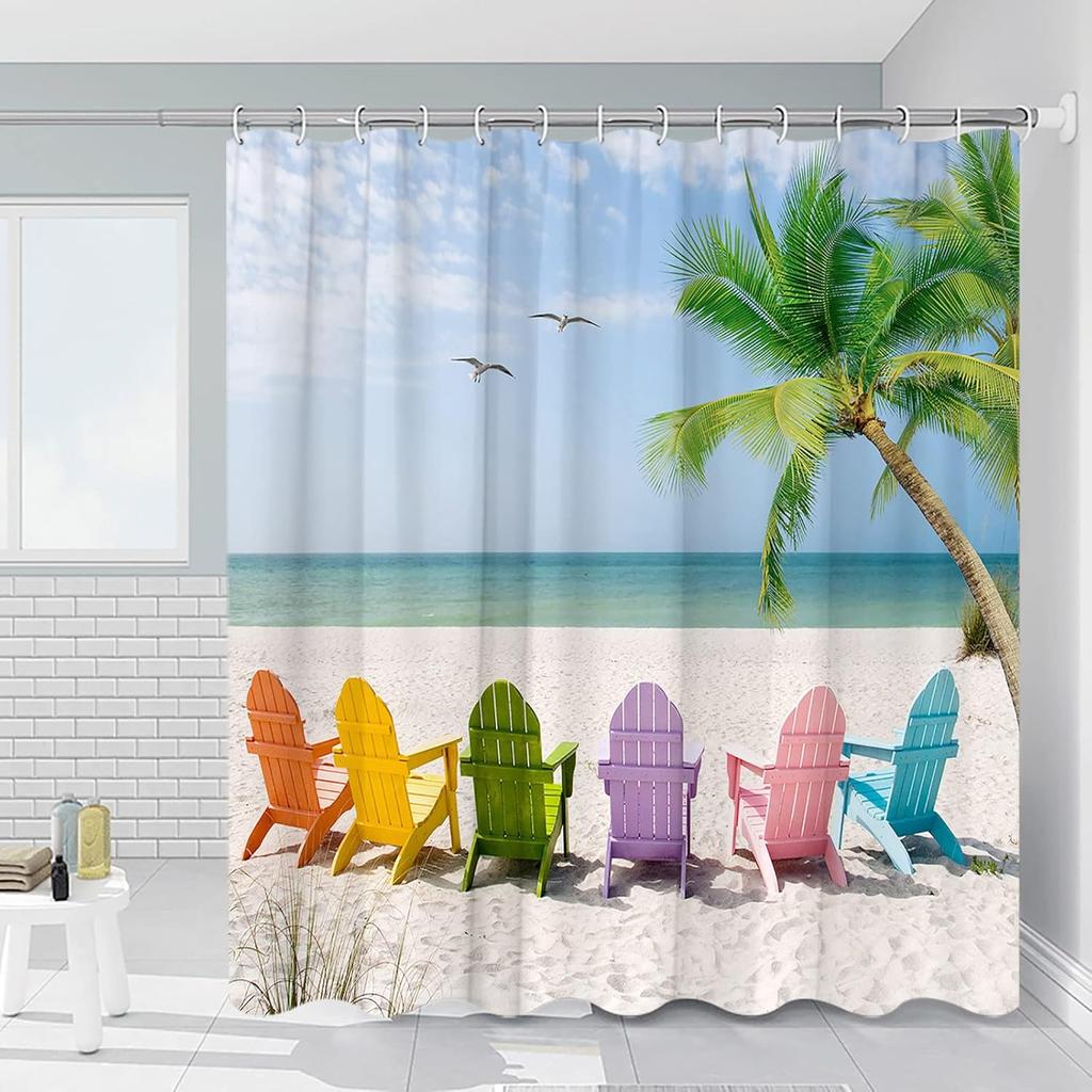 Ocean Scenic Shower Curtain Colorful Beach Chairs Funny Bathroom Curtains Tropical Nature Landscape Summer Palm Tree Hawaiian