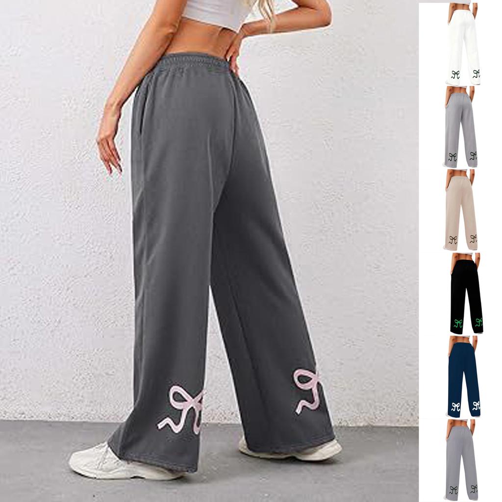Women's Loose Elastic Waist Pocket Casual Pants Plaid Print Wide Leg Trousers