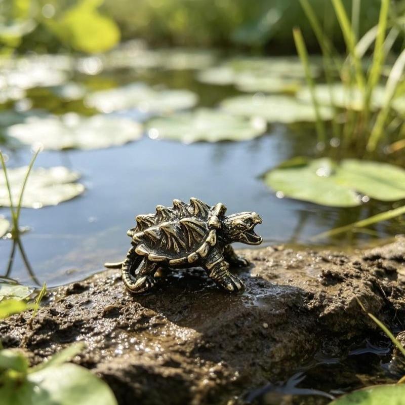 Brass-Toned Alloy Mini Snapping Turtle Figurine Lifelike Details Vintage Finish For Aquarium Desktop Garden Decor