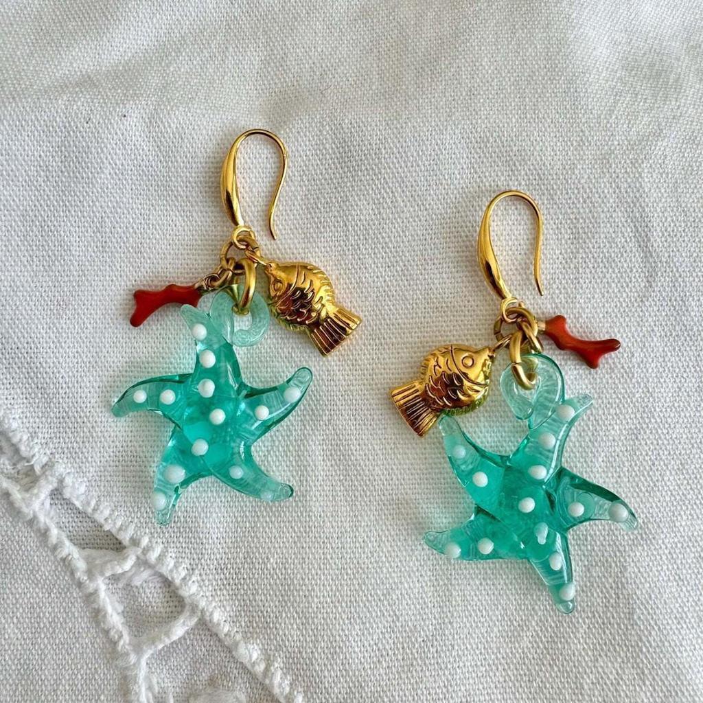 Starfish Ocean Earrings: Seahorse Series with Goldfish and Coral Design in Stainless Steel