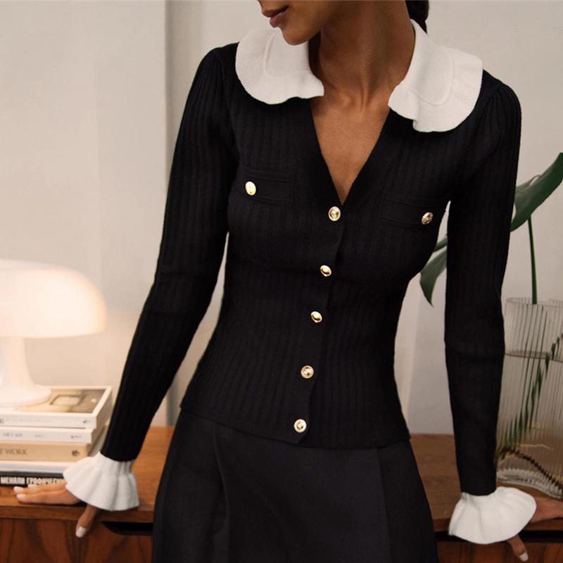 

Вязаные женские кардиганы с оборками и лацканами, однобортные свитера с длинными рукавами и пуговицами, весенний тонкий трикотаж M чёрный