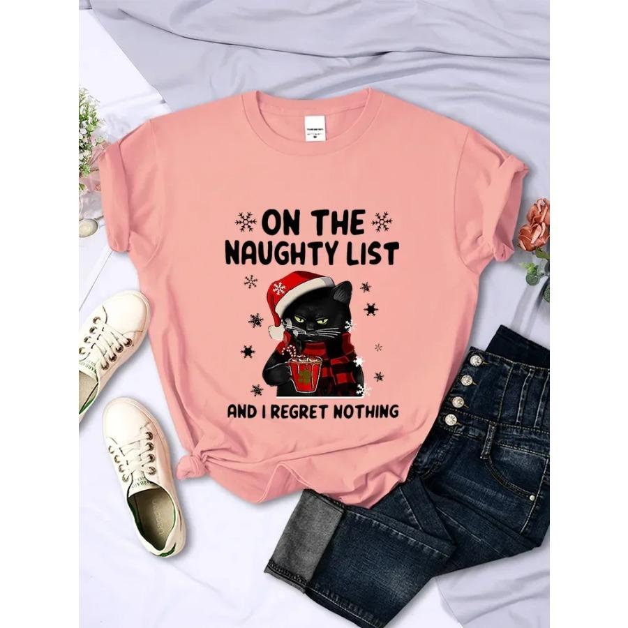 

РОЖДЕСТВО Женские футболки Санта-кот в списке непослушных и я ни о чем не сжалею Модная футболка Одежда Harajuku Женские топы XXXL