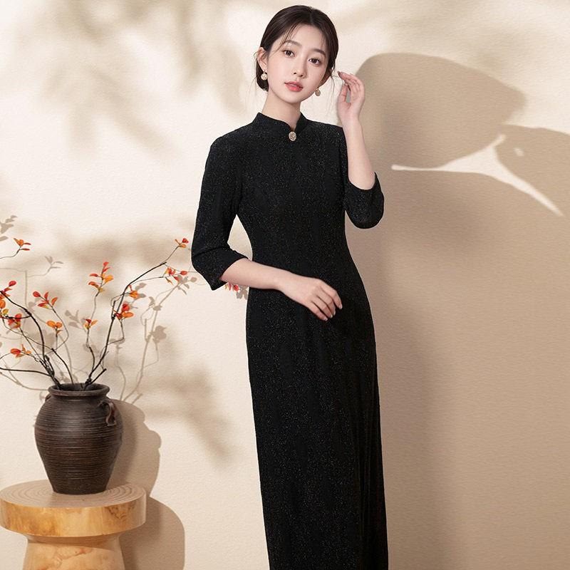 Black Modern Chinese-Inspired Long Sleeve Midi Dress With Stand Collar Side Slit Women 2026