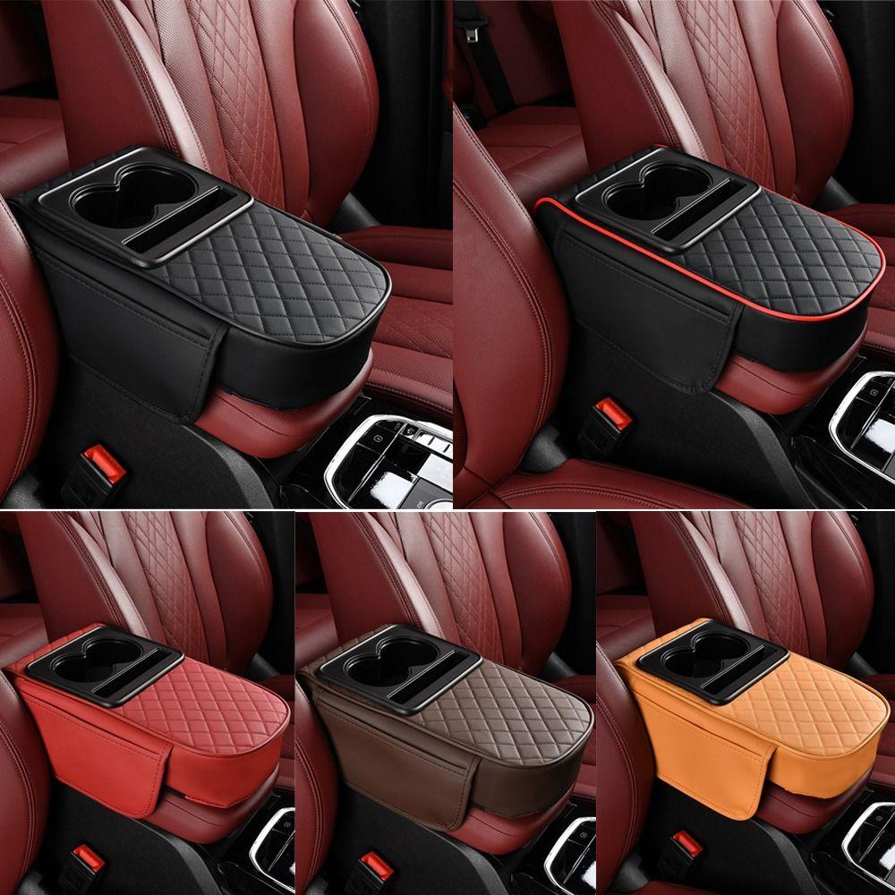 PU Leather Car Armrest Pad with Cup Holder Multifunctional Center Console Armrest Cushion Height Increasing Thickened