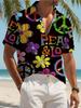 New Men's Casual Short-Sleeve Shirt Featuring Colorful Peace Signs and Floral Patterns, Symbolizing Love and Peace. Versatile for Holiday Parties and