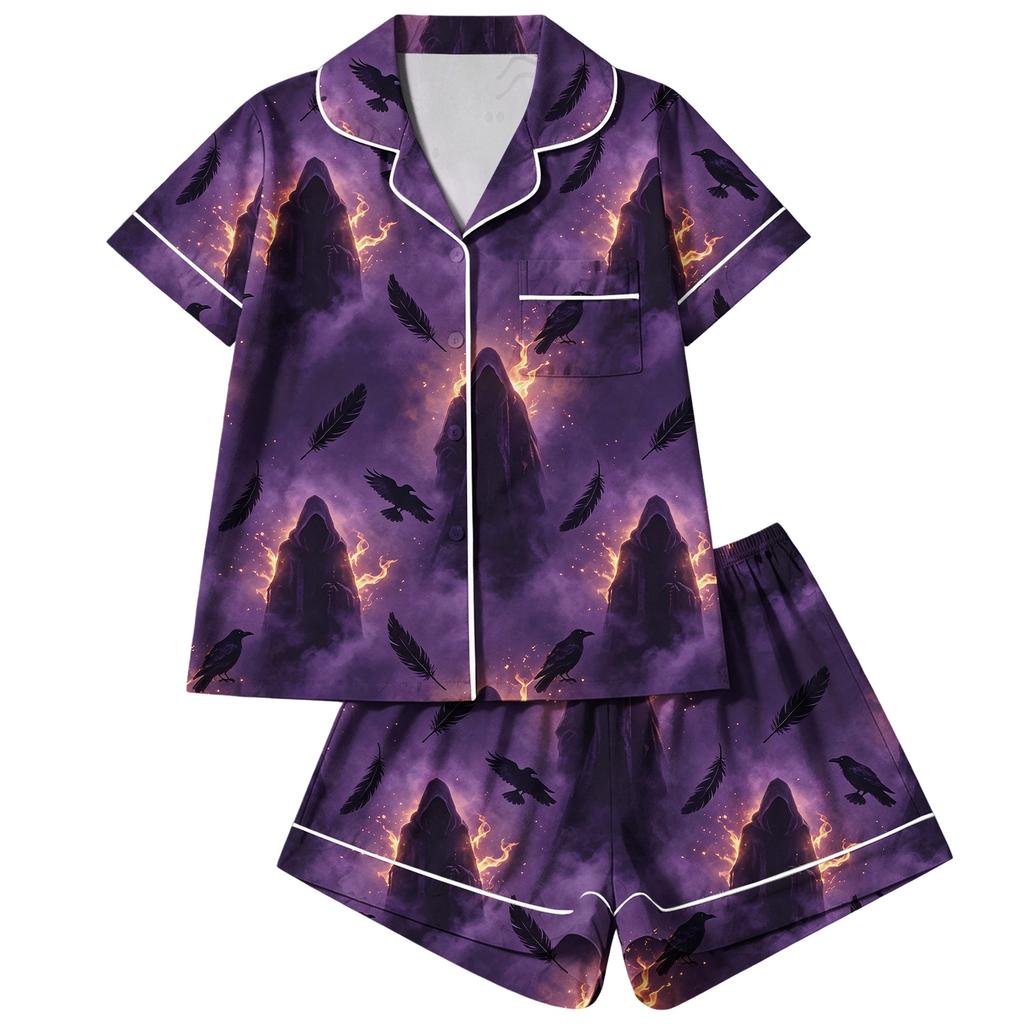 Damen 2-teiliges Pyjama-Set mit kurzärmeligem Knopfleisten-Oberteil und Shorts, weiche bequeme Nachtwäsche für Feiertage und Freizeit