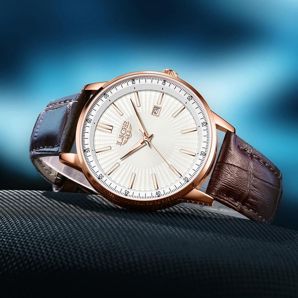 LIGE Men Business Quartz Watch Leather Strap Calendar Waterproof Minimalist Wristwatch