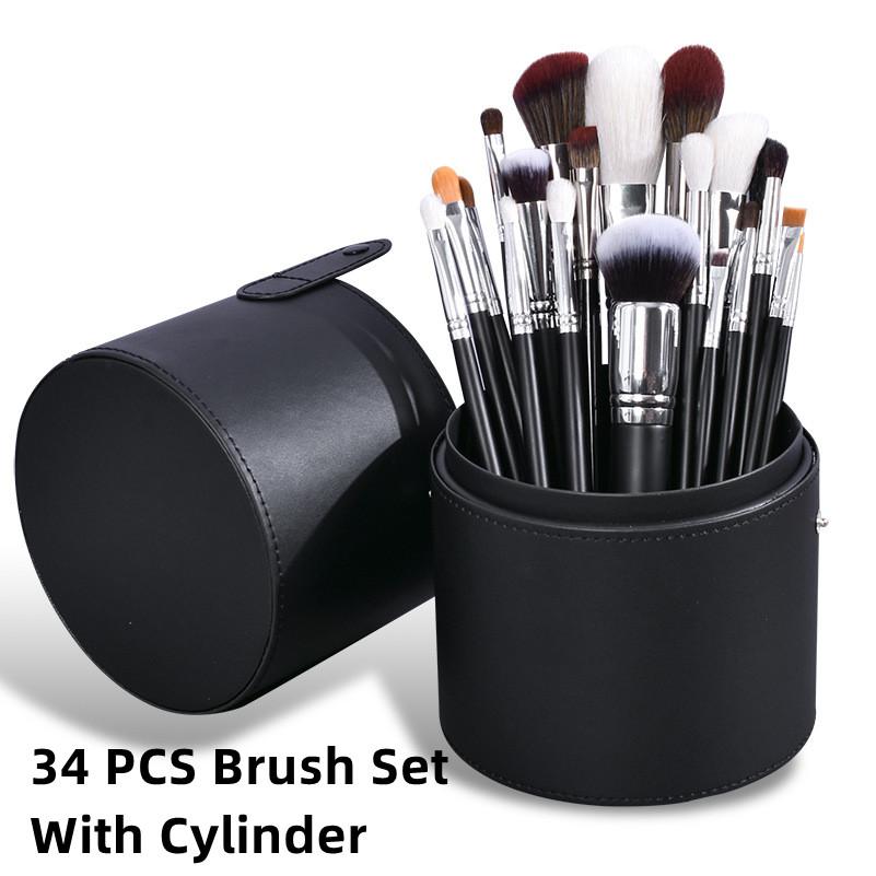 Private Label 34 Pcs Black Make up Brush Set Vegan High Quality Professional Natural Hair Goat Hair Makeup Brush Set with case