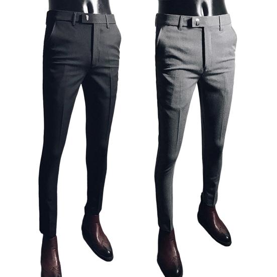 Men Business Formal Pants Solid Color Straight Cropped Pants Korean Style Stretchy Zipper Fly Office Social Trousers Streetwear