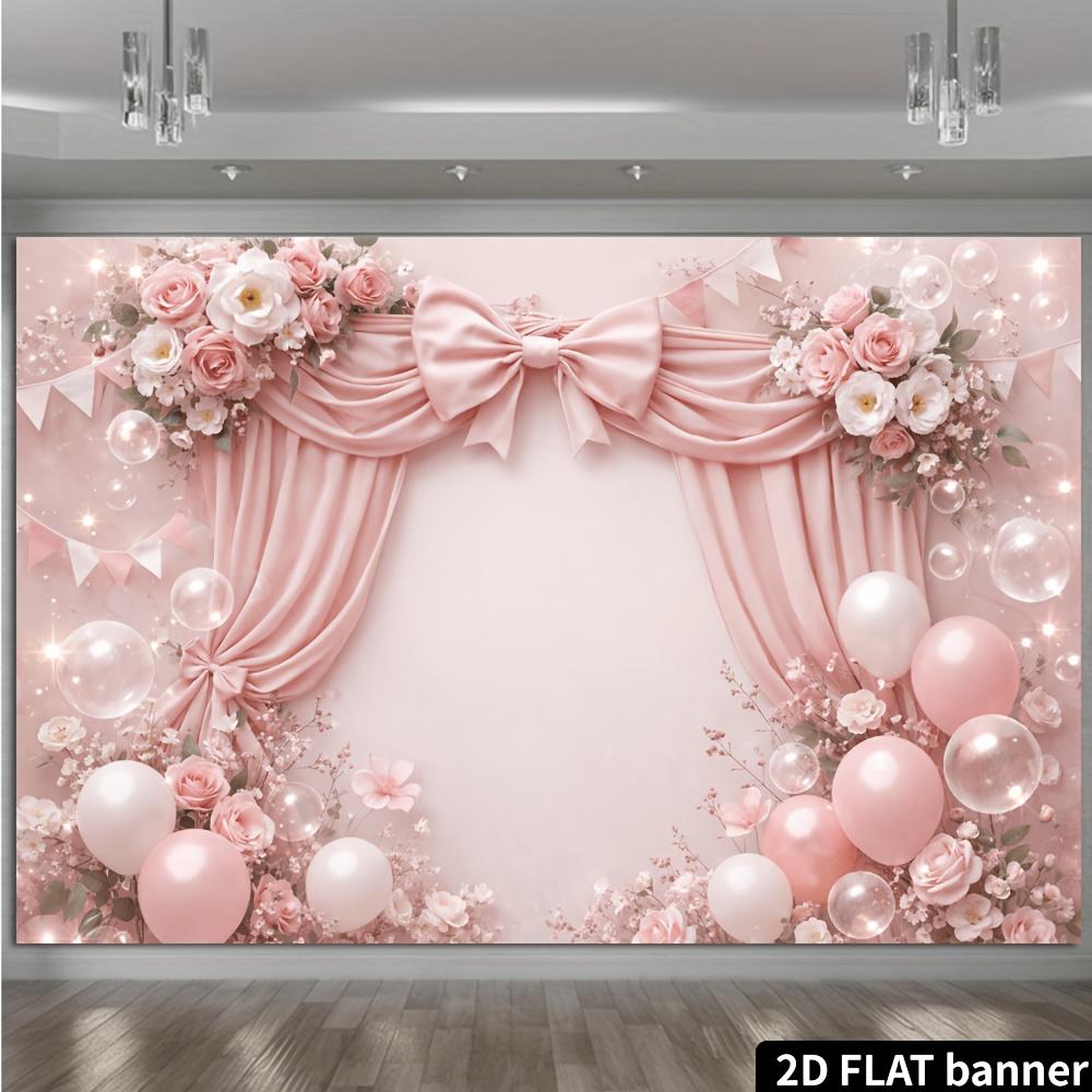 Romantic Pink Theme Banner Background Featuring Pink Bows Roses White Flowers and Pink-white Balloons