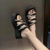 One word with casual flat bottom sandals tide ins2025 summer new popular outer wear round head rhinestone thick bottom slippers